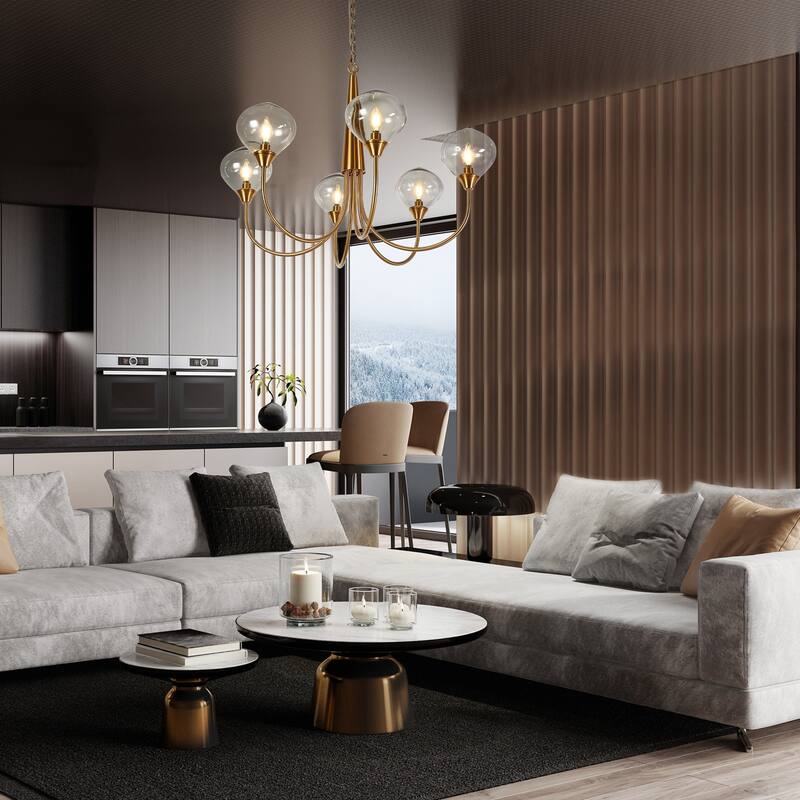 Celesn Modern Gold 6-Light Wheel Chandelier Glass Shade for Dining Living Room - D32" x H23"
