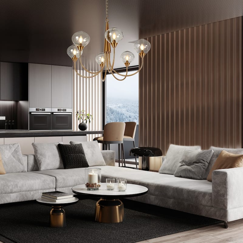 Celesn Modern Gold 6-Light Wheel Chandelier Glass Shade for Dining Living Room - D32" x H23"