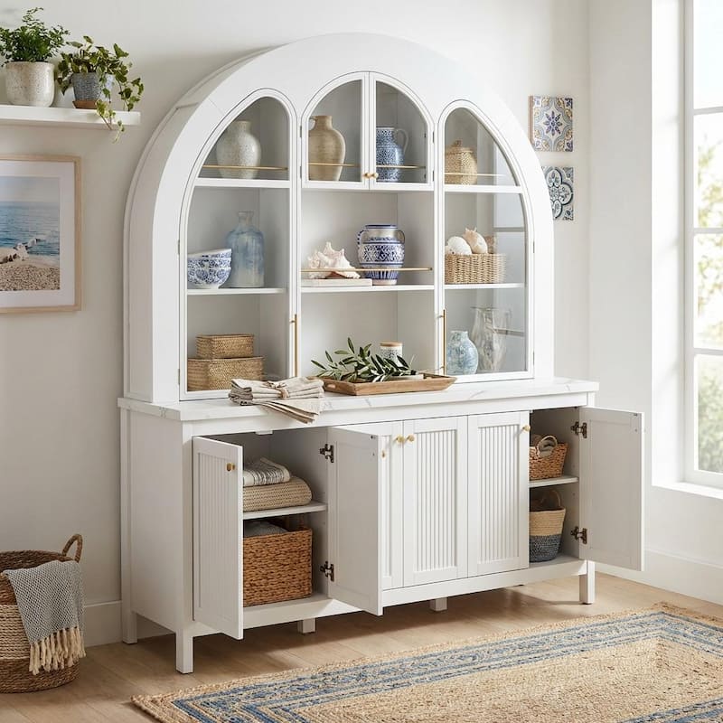 63" Arched Display Cabinet with LED Lights, Modern Buffet Sideboard with Glass Doors, Large Storage Credenza Bookshelves