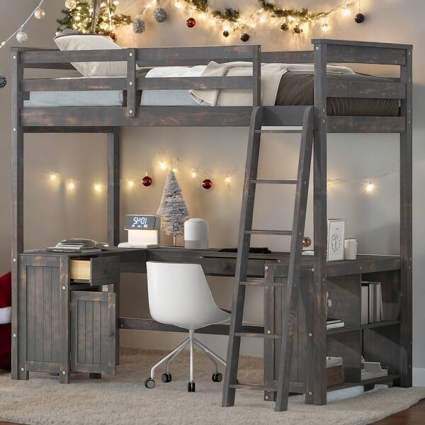 slide 2 of 18, Wood Twin Size Loft Bed with Drawers and Storage Shelves, Children Bed Frame with U-Shaped Desk for Bedroom, Antique Brown Antique Brown