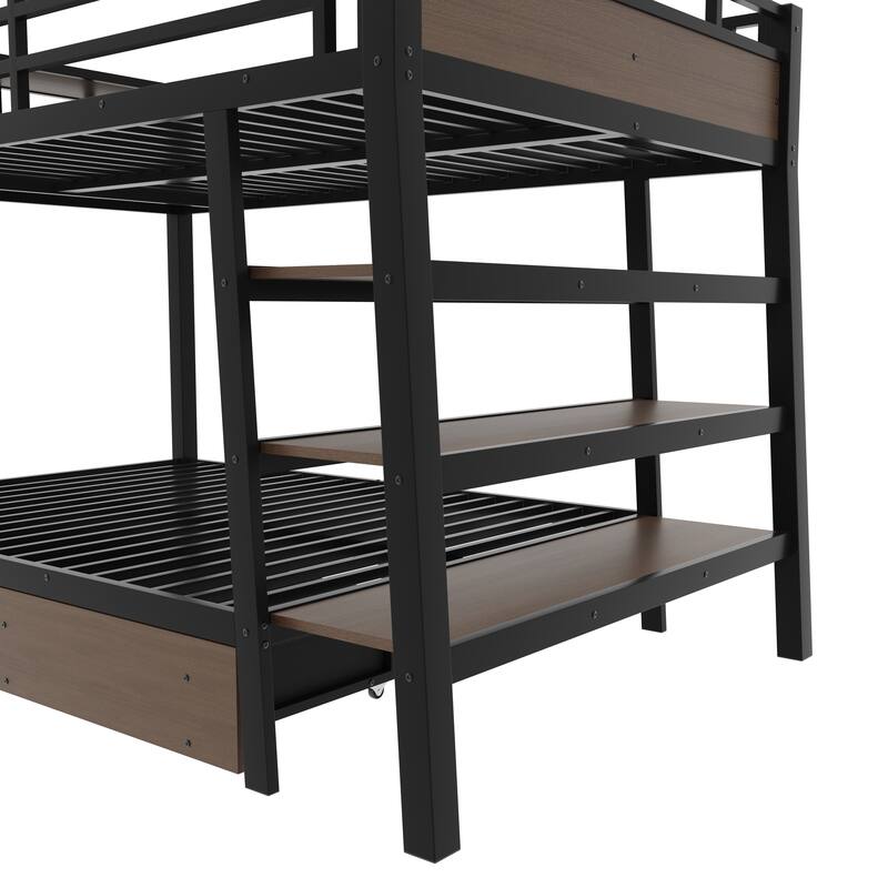 Metal Bunk Bed with Open Storage Shelves, Underbed Drawers and Built-in Desk with Charging Station for Guest Rooms or Dorms