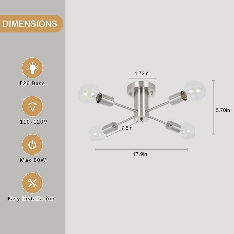 4-Light Industrial Semi Flush Mount Ceiling Light for Kitchen Dining Room Bedroom Study Living Room - N/A