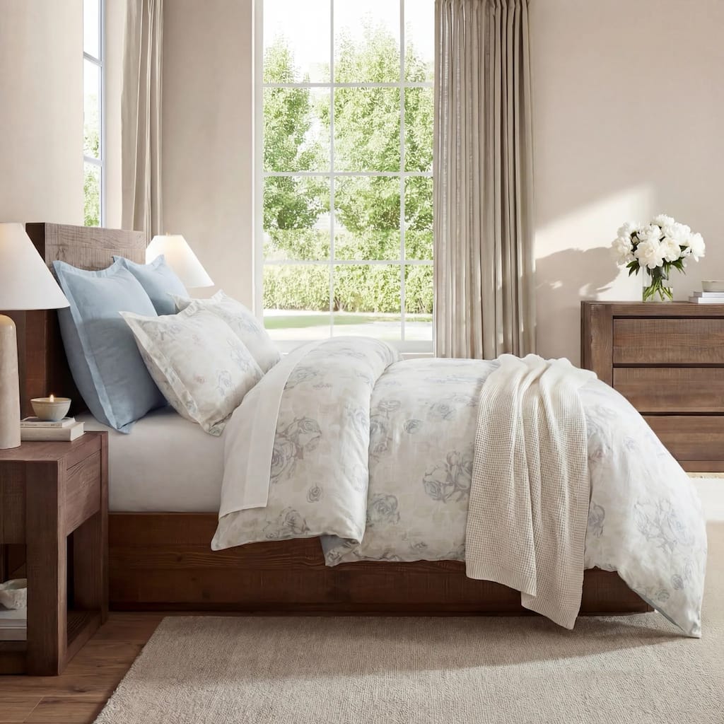 HiEnd Accents Rosaline Washed Linen Romantic Floral Comforter Set, 3PC