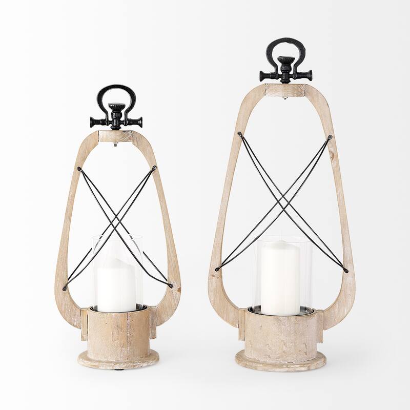 Zain I Small Light Brown Wood & Metal Vintage Inspired Candle Holder Lantern