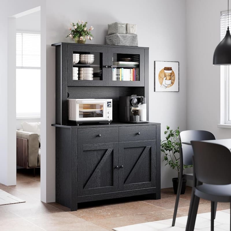 Kitchen Pantry Storage Cabinet with Microwave Stand & Coffee Bar Cabinet,Freestanding Hutch Cabinet with 4 Doors