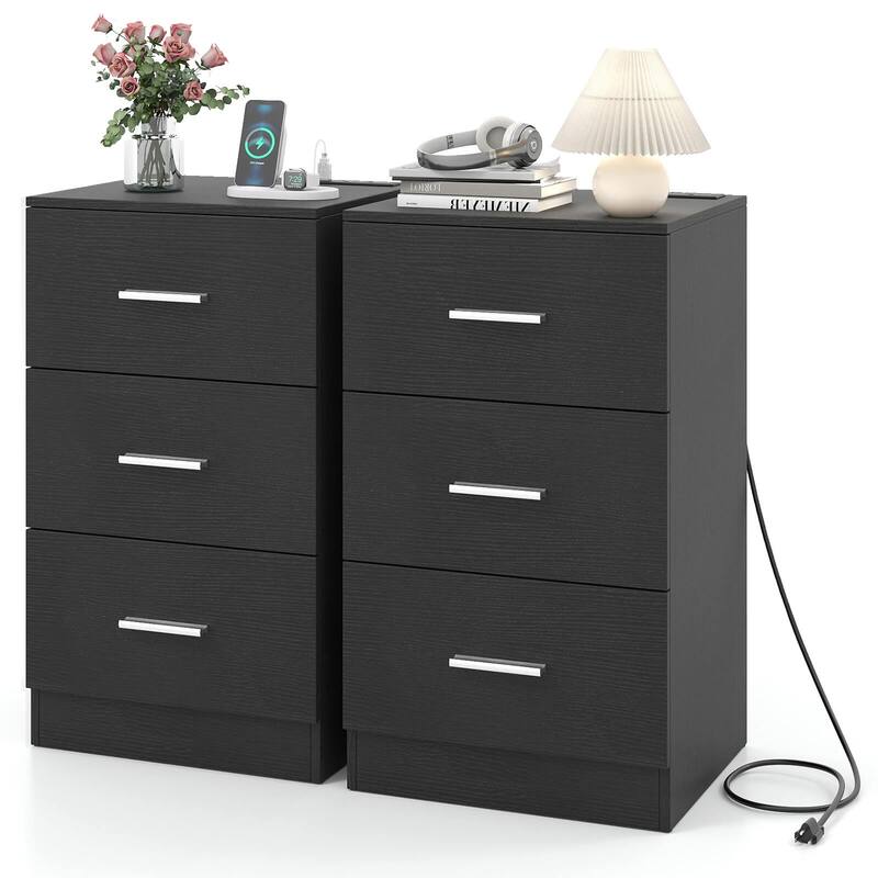 Costway 1/2 PCS Nightstand with Charging Station, 3 Storage Drawers - 2 PCS