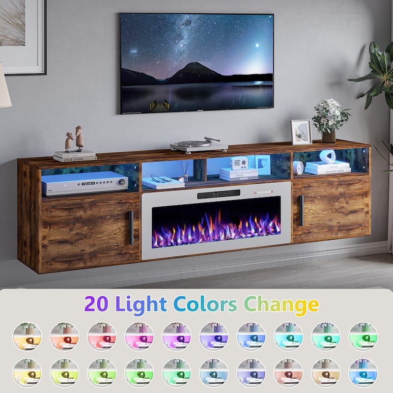 BOSSIN 80" Floating TV Stand with 36" Electric Fireplace, High Gloss Finish Wall Mounted Fireplace TV Stand with Storage