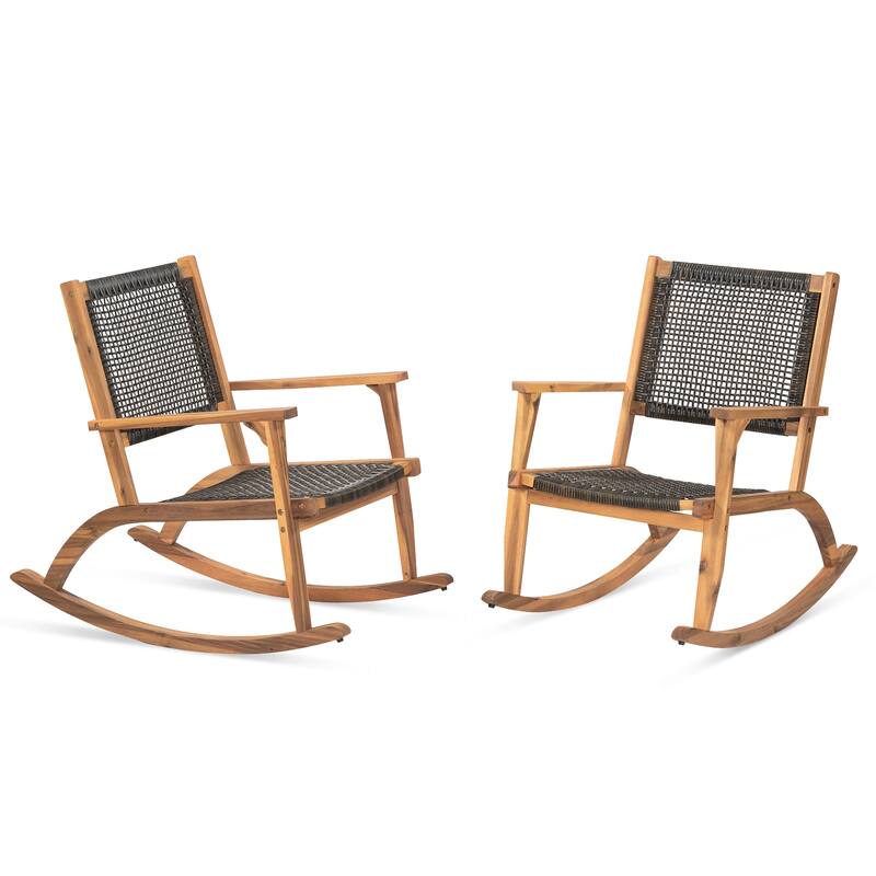 2-Piece Outdoor Acacia Wood Rocking Chair Set with Wicker Rattan Seat & Backrest