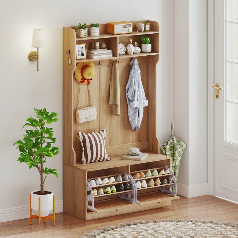 Costway 4-In-1 Hall Tree Entryway Bench with Coat Rack & Flip Drawers - See Details