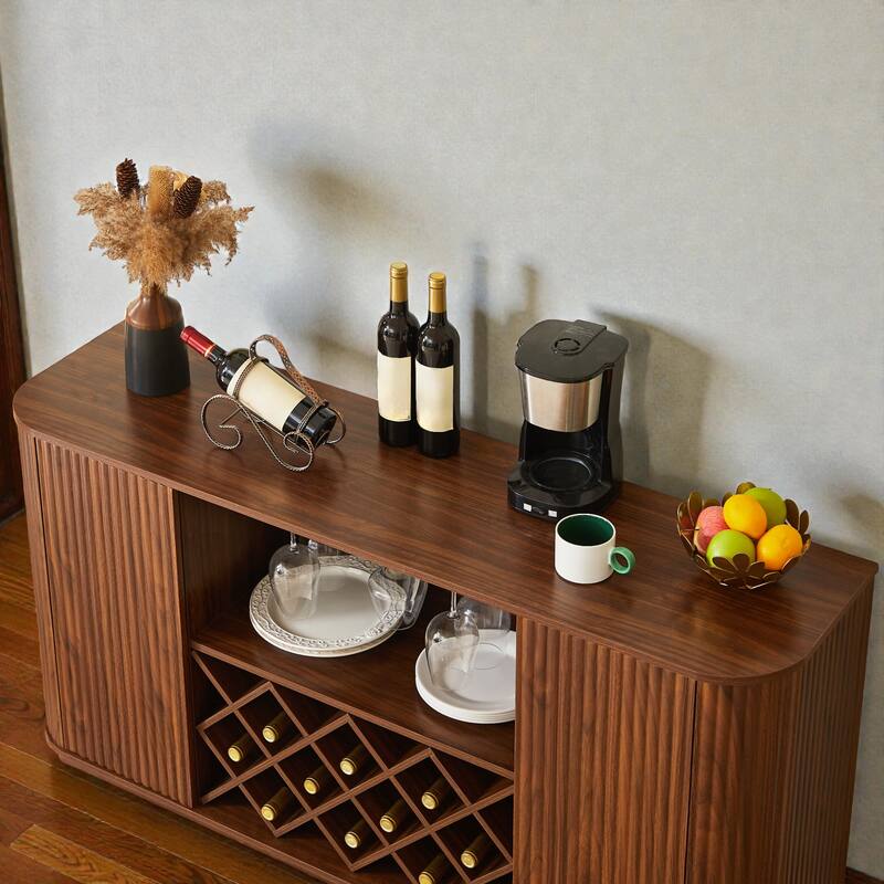 58 in Modern Wavy Curve Sideboard with Wine Rack, Glassware Holder and Adjustable Shelves, Buffet Cabinet for Kitchen