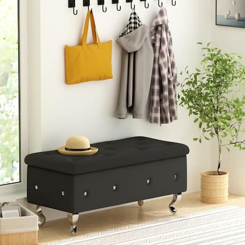 37.4 Inch Storage Bench with Button Tufted and Safety Hinge, Flip Top Footrest Bench for Bedroom, Living Room and Entryway