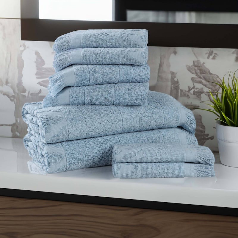 Superior Rolla Cotton Geometric Jacquard Plush Soft 8 Piece Towel Set - Blue