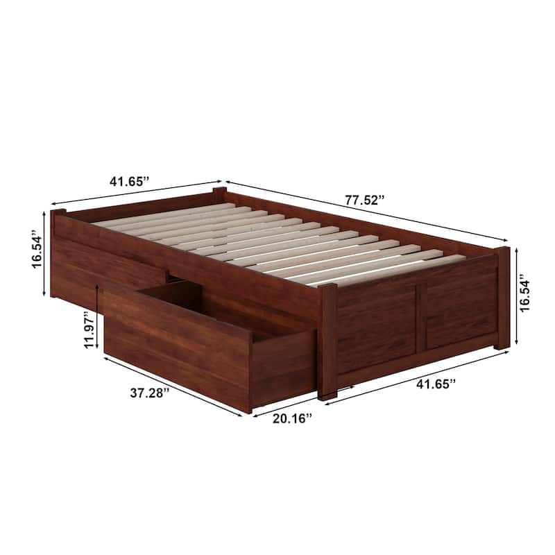 Concord Twin Platform Bed with Footboard and 2 Bed Drawers in Walnut