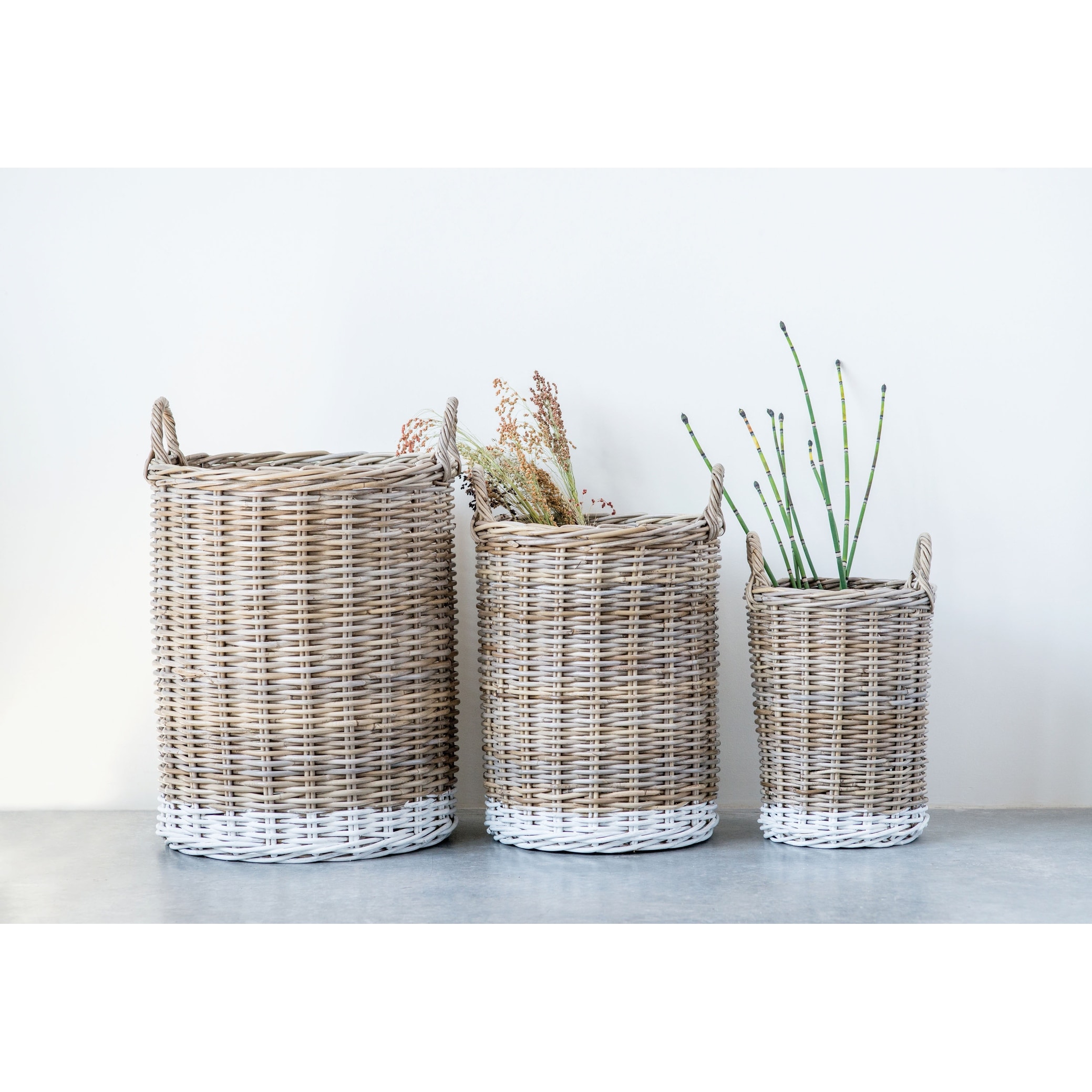 Beige Rattan Baskets with White Dipped Base Handles Set of 3 Sizes