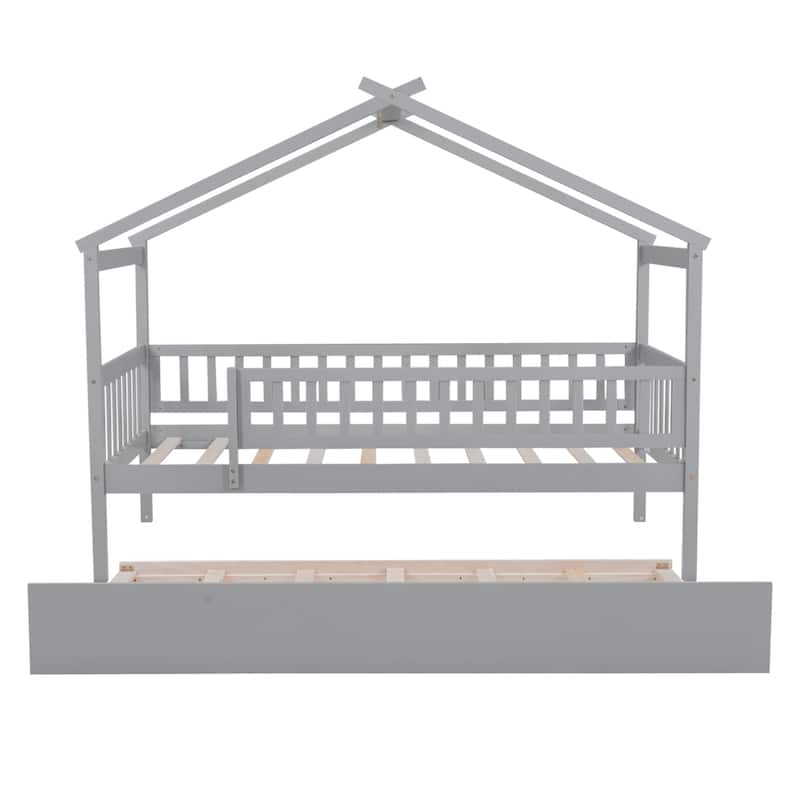 Twin Size House Bed with Trundle, Wooden Playhouse Kids Bed Frame with Roof and Fence, Montessori Style Bed