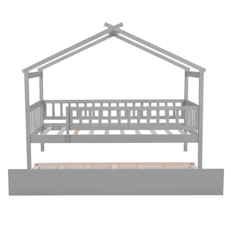 Twin Size Wooden House Bed with Trundle, Creative Kids Bed with Whimsical Design for Imagination