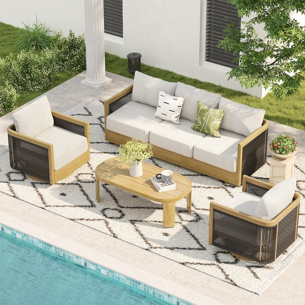 Overture 4-Piece Natural Wood Grain Aluminum Hand-Woven Rope Patio Conversation Set with Swivel Chairs, Cushions, Coffee Table