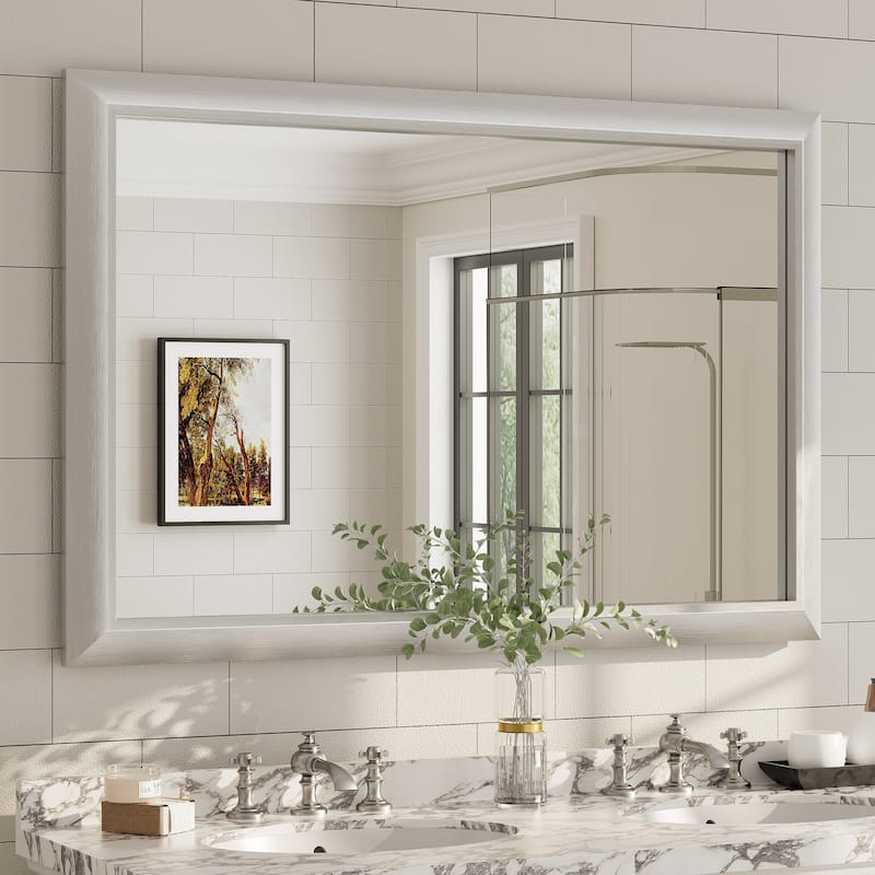 Beveled Metal Rectangle Framed Bathroom Vanity Tempered Glass Mirrors - 48" x 32" - Silver