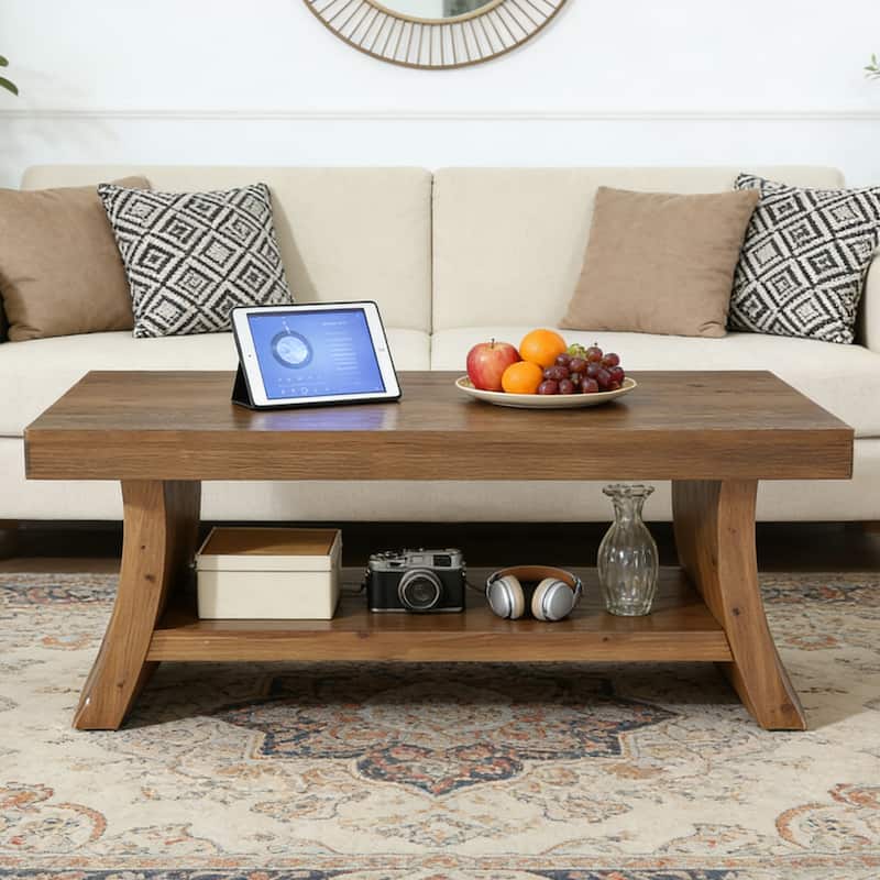 Farmhouse Coffee Table with Storage Shelf, Walnut