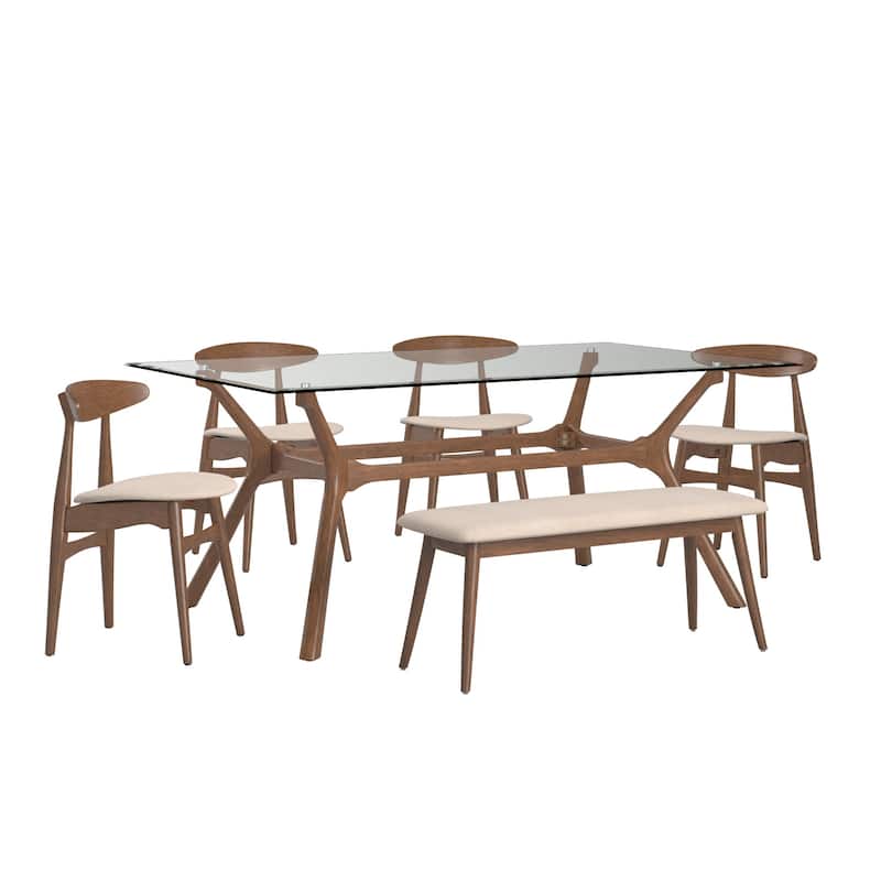 Nadine Dark Walnut Finish Glass Table Top Rectangular Dining Set - Curved Back Chairs by iNSPIRE Q Modern - 6 Piece - Beige
