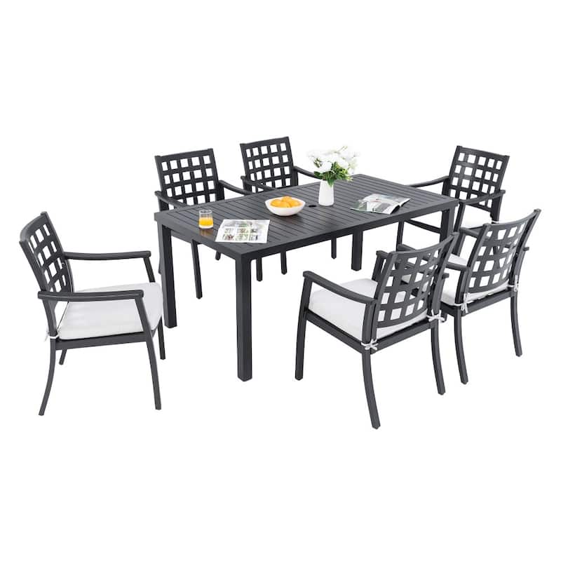 Outdoor 7-piece Cast Aluminum Dining Set with Rust-Free Table and 6 Dining Chairs