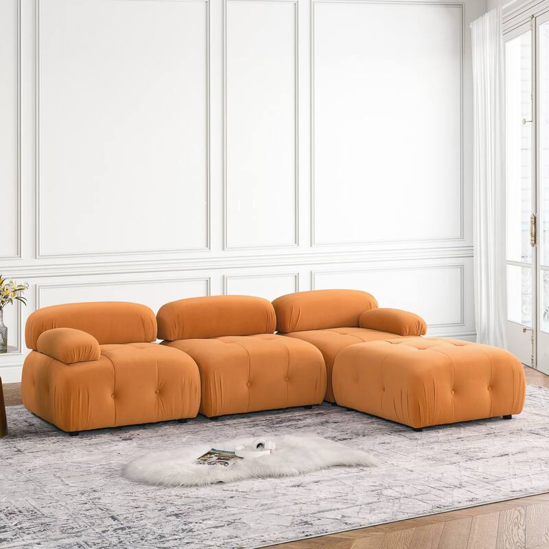 Modular Sectional Sofa, Velvet Button Tufted Designed & DIY Combination, L-Shaped Couch with Reversible Ottoman for Living Room - Orange