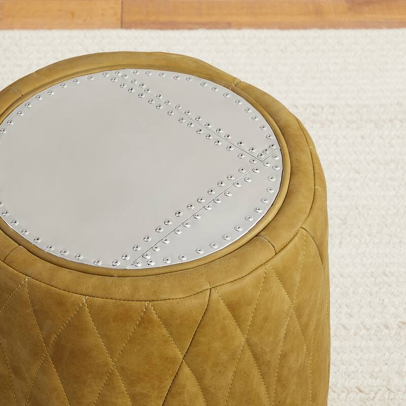 Art Leon Industrial Aluminum and Genuine Leather Ottoman Stool