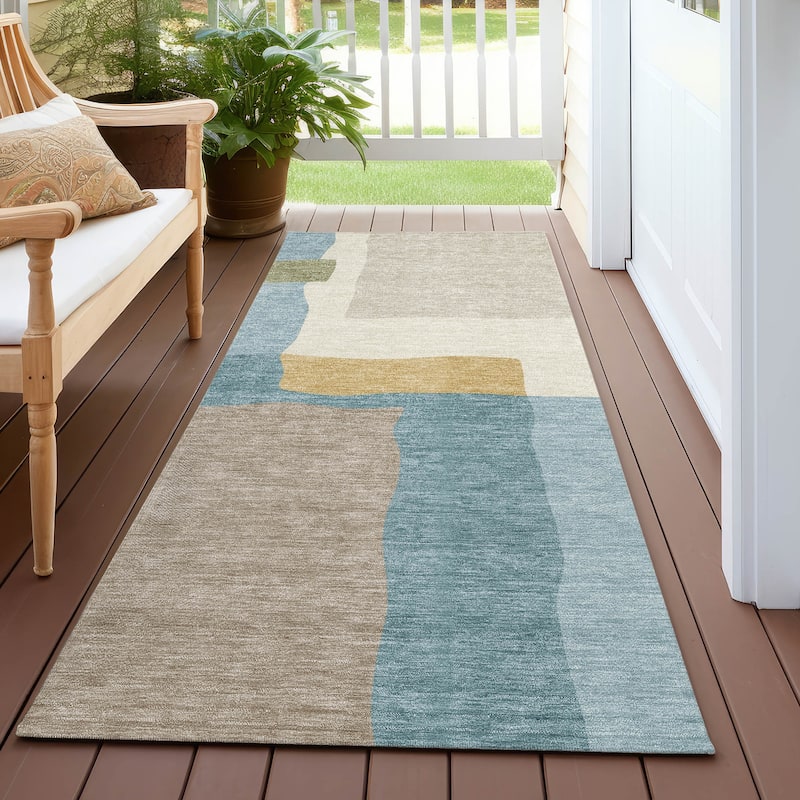 Machine Washable Indoor/ Outdoor Contemporary Blox Chantille Rug - Teal - 2'3" x 7'6"