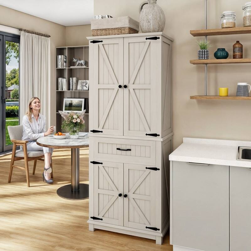 Moasis 64" Farmhouse Tall Kitchen Pantry Storage Cabinet with 2 Drawers & Doors - 72"H - White Oak