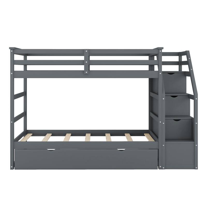 Merax Wood Bunk Bed with Twin Size Trundle and 3 Storage Stairs