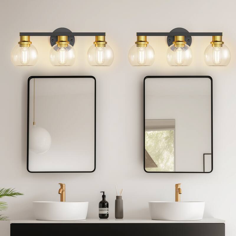 YANSUN 3-Light Mirror Vanity Light, Black and Gold, E26 Base, Large Clear Globe Shades for Elegant Bathroom Décor