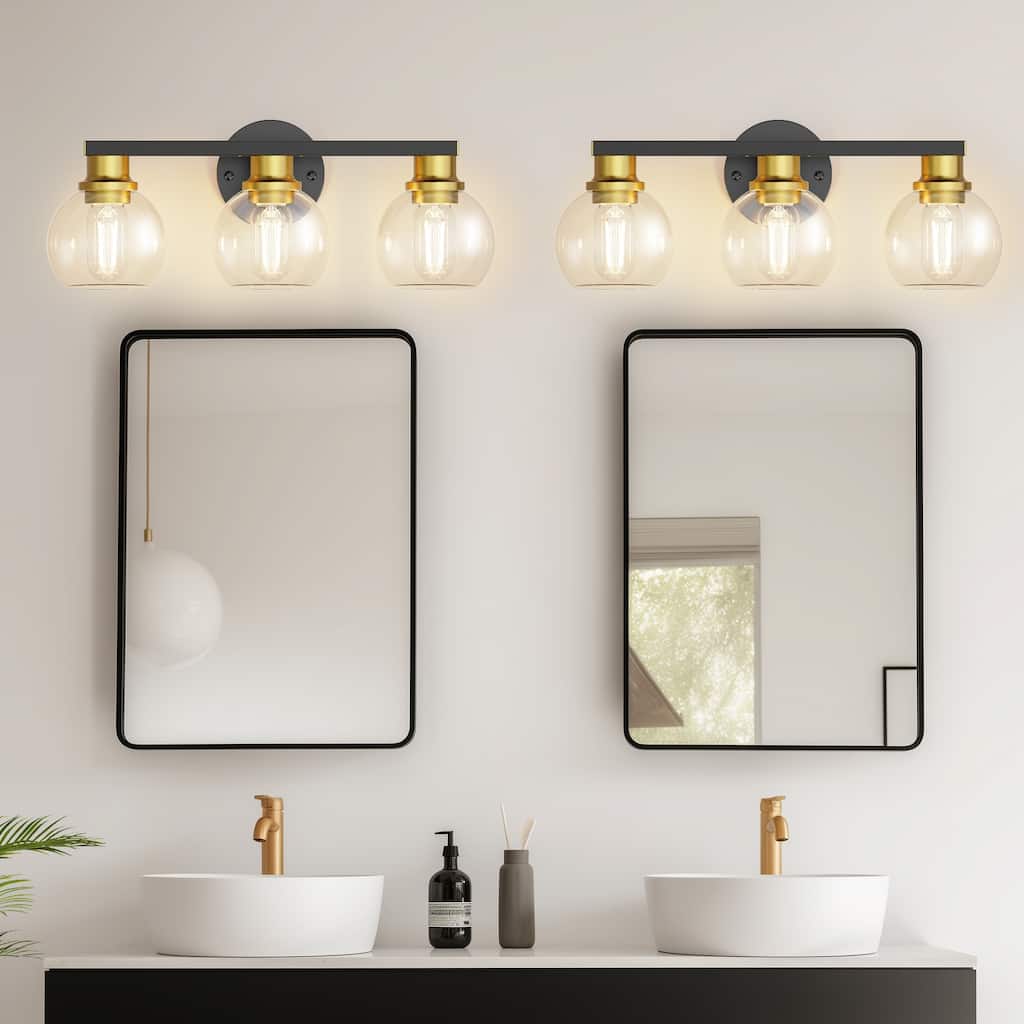 YANSUN 3-Light Mirror Vanity Light, Black and Gold, E26 Base, Large Clear Globe Shades for Elegant Bathroom Décor