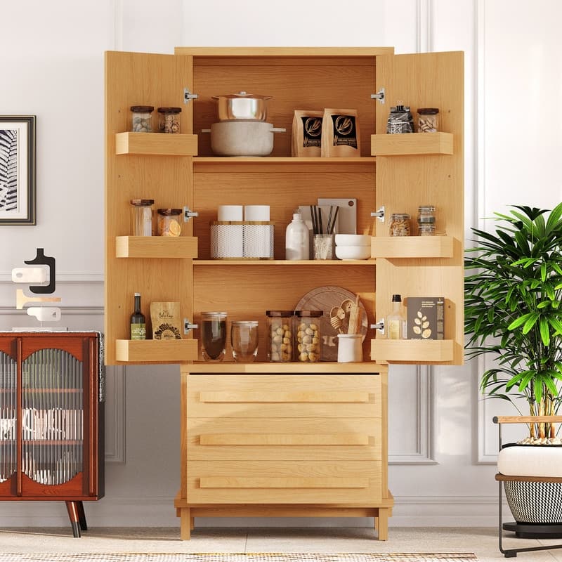 Farmhouse 70" Tall Kitchen Pantry Cabinet,Freestanding Wooden Kitchen Cupboard with 6 Door Shelves and 3 Drawers - Natural