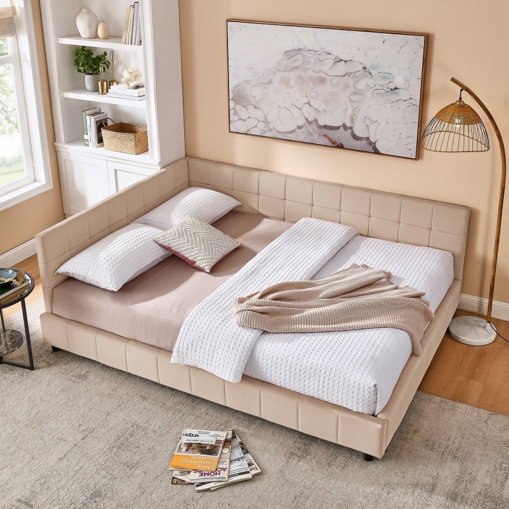 Queen Size Upholstered Tufted Bed Frame with Comfortable Backrest and Armrests