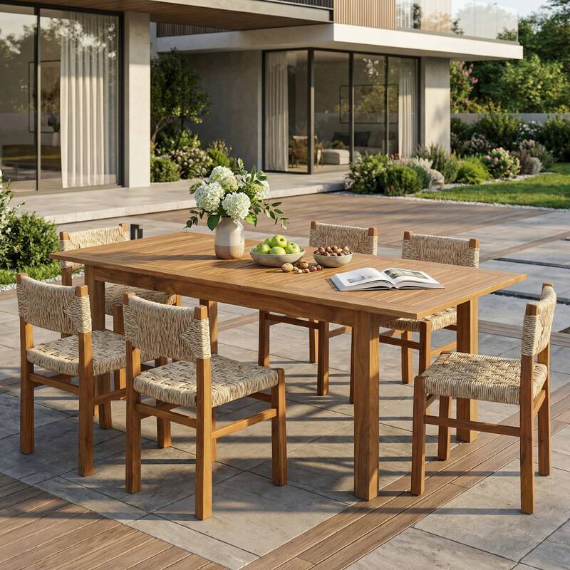 Christopher Knight Home - 7-Piece Acacia Wood Outdoor Dining Table Set with Wicker Dining Chairs and 79" Expandable Table - Light Grey+Natural Stained