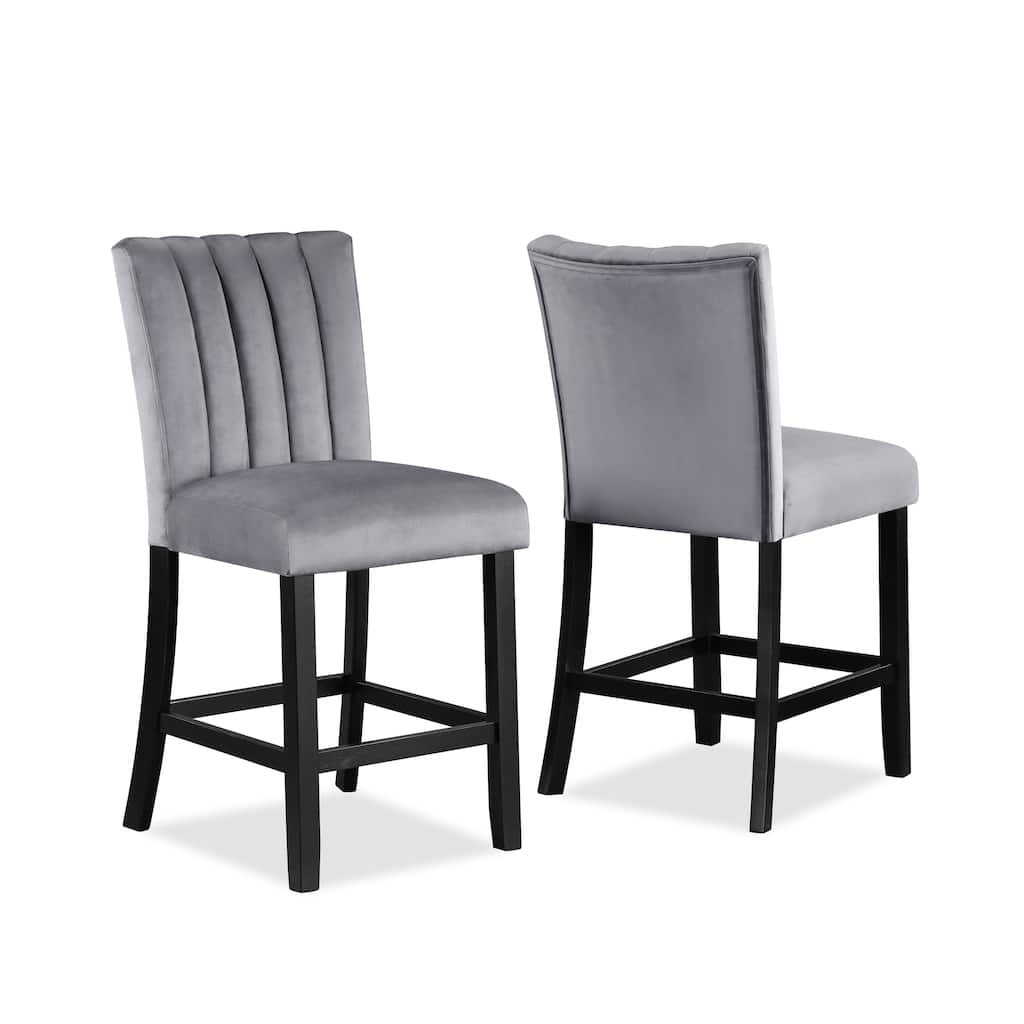 2-Piece Casual Counter Height Chair Set - Gray Black Velvet with Channel Tufted Back