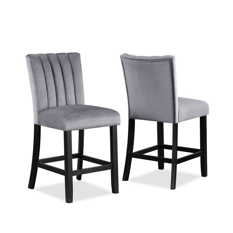 2Pc Casual Upholstered Counter Height Velvet Upholstery Chair Channel Tufted Back Wooden Dining Room Furniture Gray Black