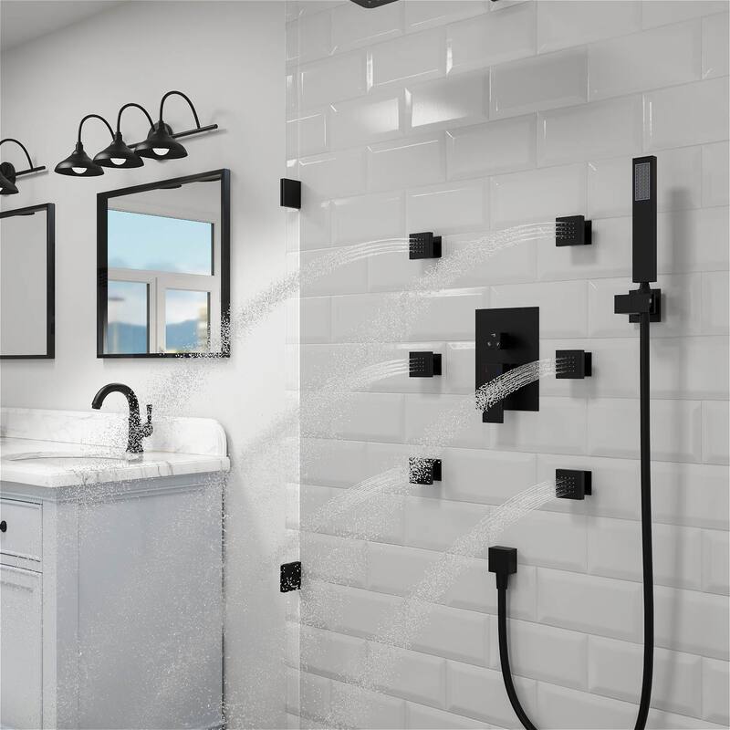 12" Wall Mount Rainfall 3 Way Thermostatic Faucet Shower System with Slide Bar, 6 Jets