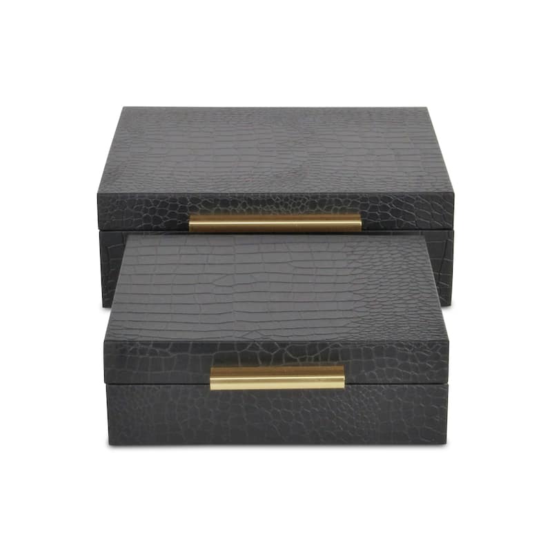 Set of 2 Black Square Faux Croco Decorative Box with Handles 9.75"