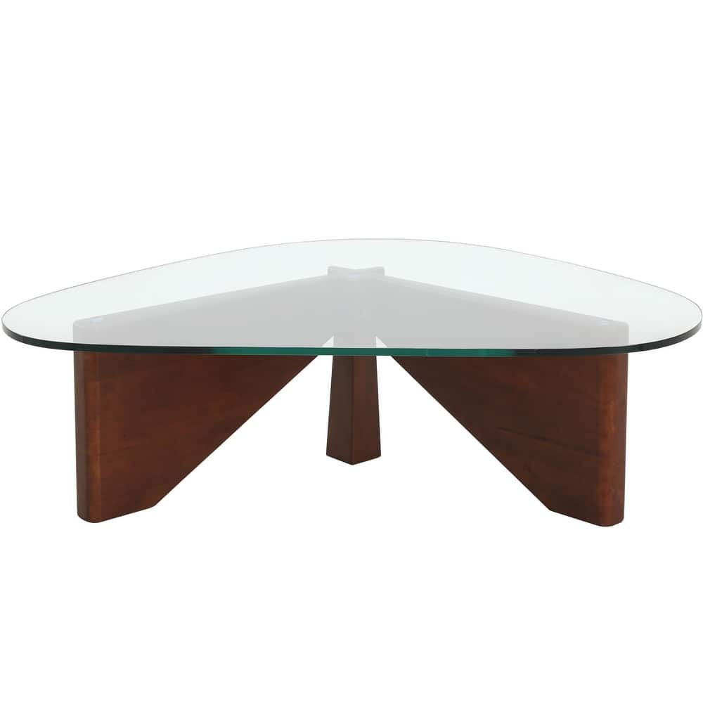 36" Triangular Mid Century Modern Accent Center Coffee Table with Glass Top and Wood Base for Home & Living Room