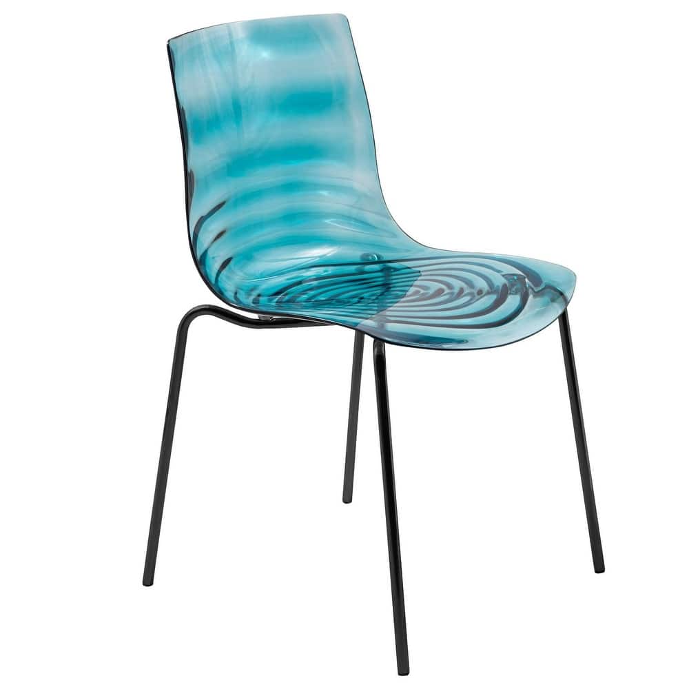 Astor Modern Minimalist Transparent Dining Chair with Black Metal Legs and Ripple Design Accent Side Chair for Indoor & Outdoor