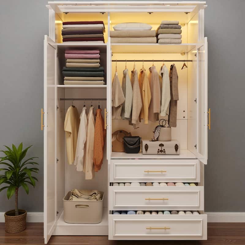 3-Door Wardrobe Armoire Closet with LED Lights and 3 Drawers Pine Wood MDF Clothing Storage Cabinet