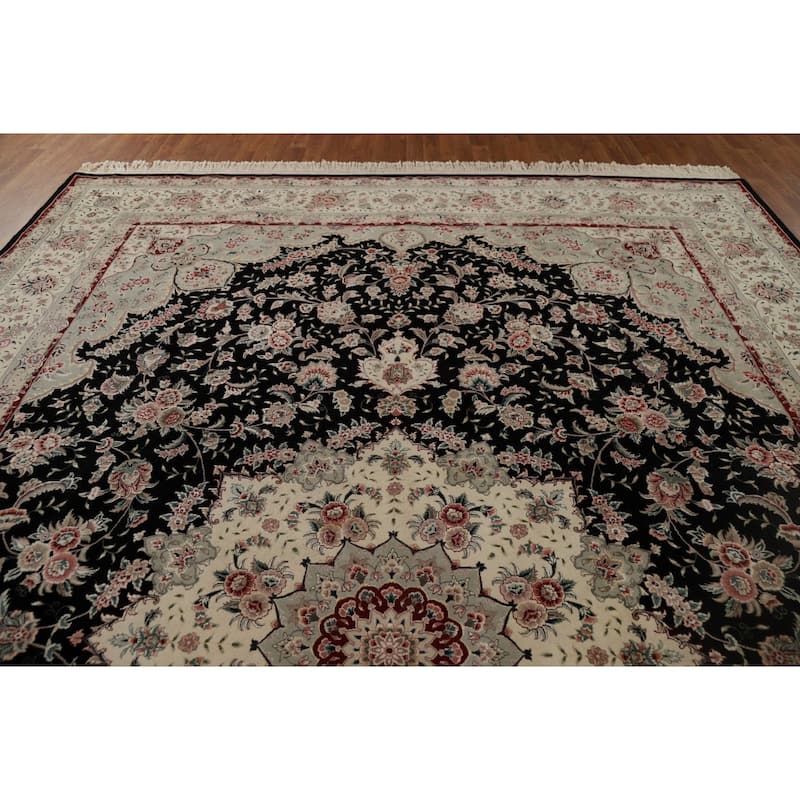 Black Aubusson Chinese Vintage Large Rug Hand-Knotted Wool Carpet - 10'3" x 14'1"