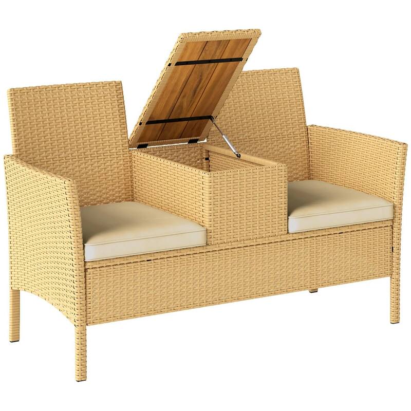 Patio Wicker Loveseat with Built-in Flip-Top Coffee Table and Cushions