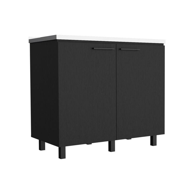 2-Door Freestanding Utility Base Cabinet with Stainless Steel Countertop, Black Finish, Large Shelf for Storage