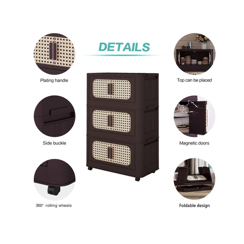 Anmytek Retro Brown 5 Tier Collapsible Plastic Storage Cabinet with Wheels Magnetic Door 20" Wide