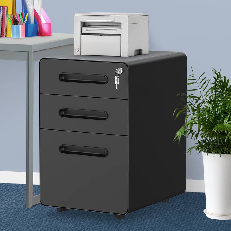 Modern 3-Drawer Mobile Vertical Steel File Cabinet - Black