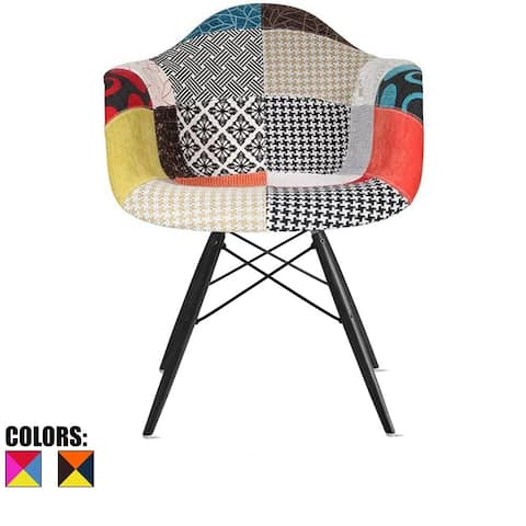 Modern Plastic Armchair With Arm Dining Chair Patchwork Fabric With Dark Black Wood Legs
