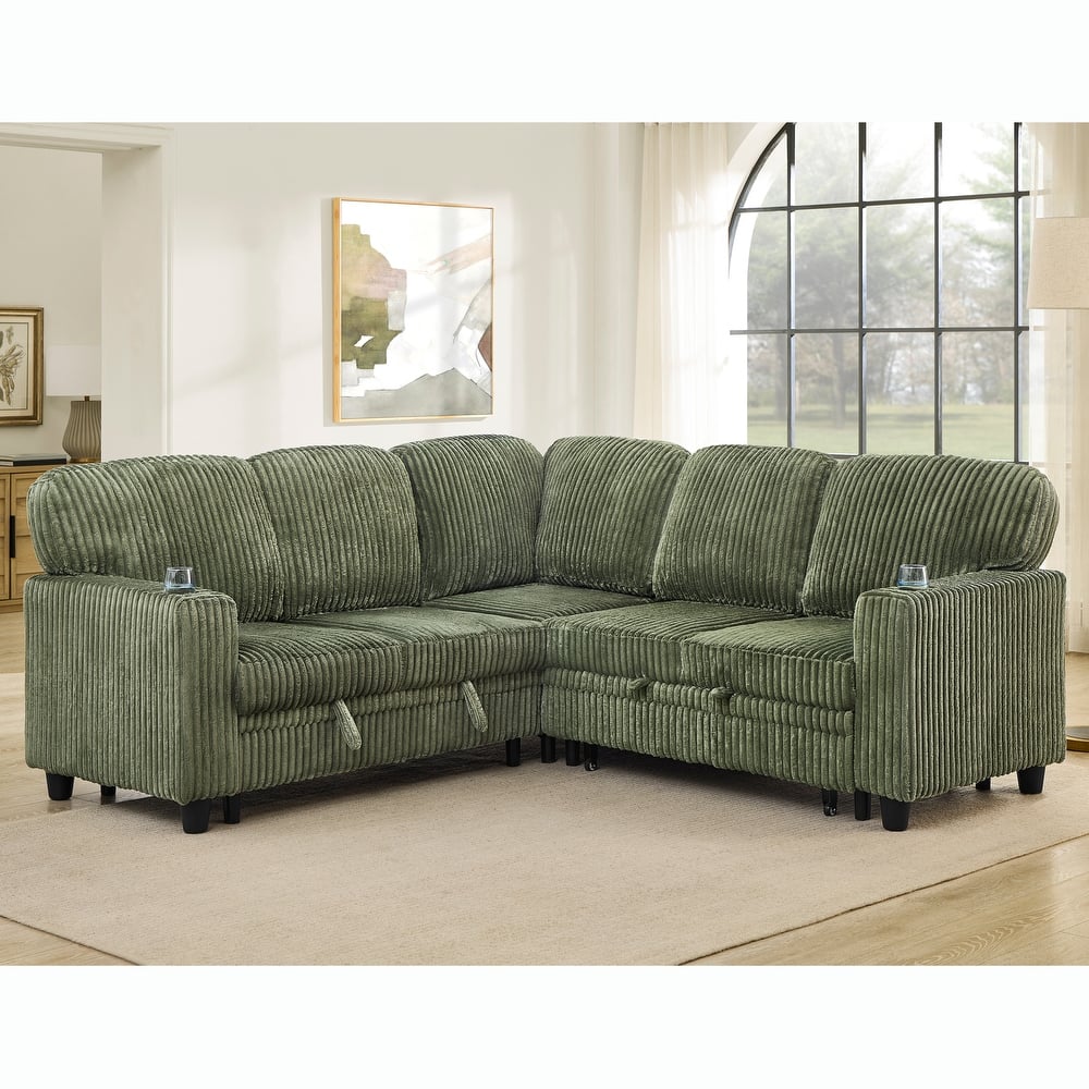 Corduroy Modular Sectional Sleeper Sofa with Pull-Out Bed & Storage, 2-in-1 Convertible Upholstered Sofa Bed with USB Port