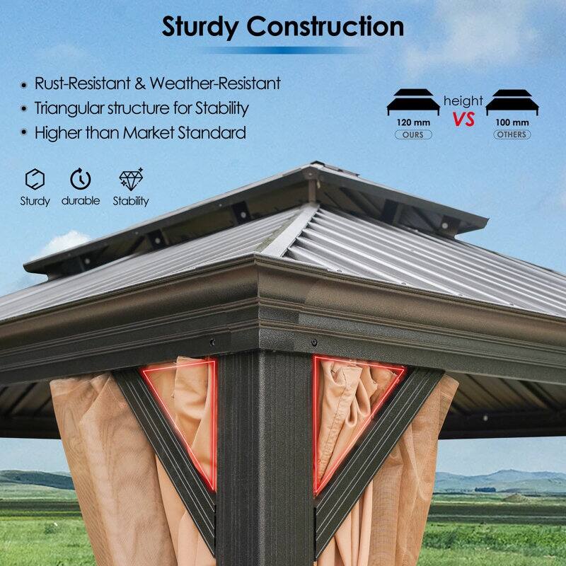 MAISON ARTS 12X16 FT Hardtop Aluminum Permanent Gazebo Double Roof Canopy with Netting & Curtains